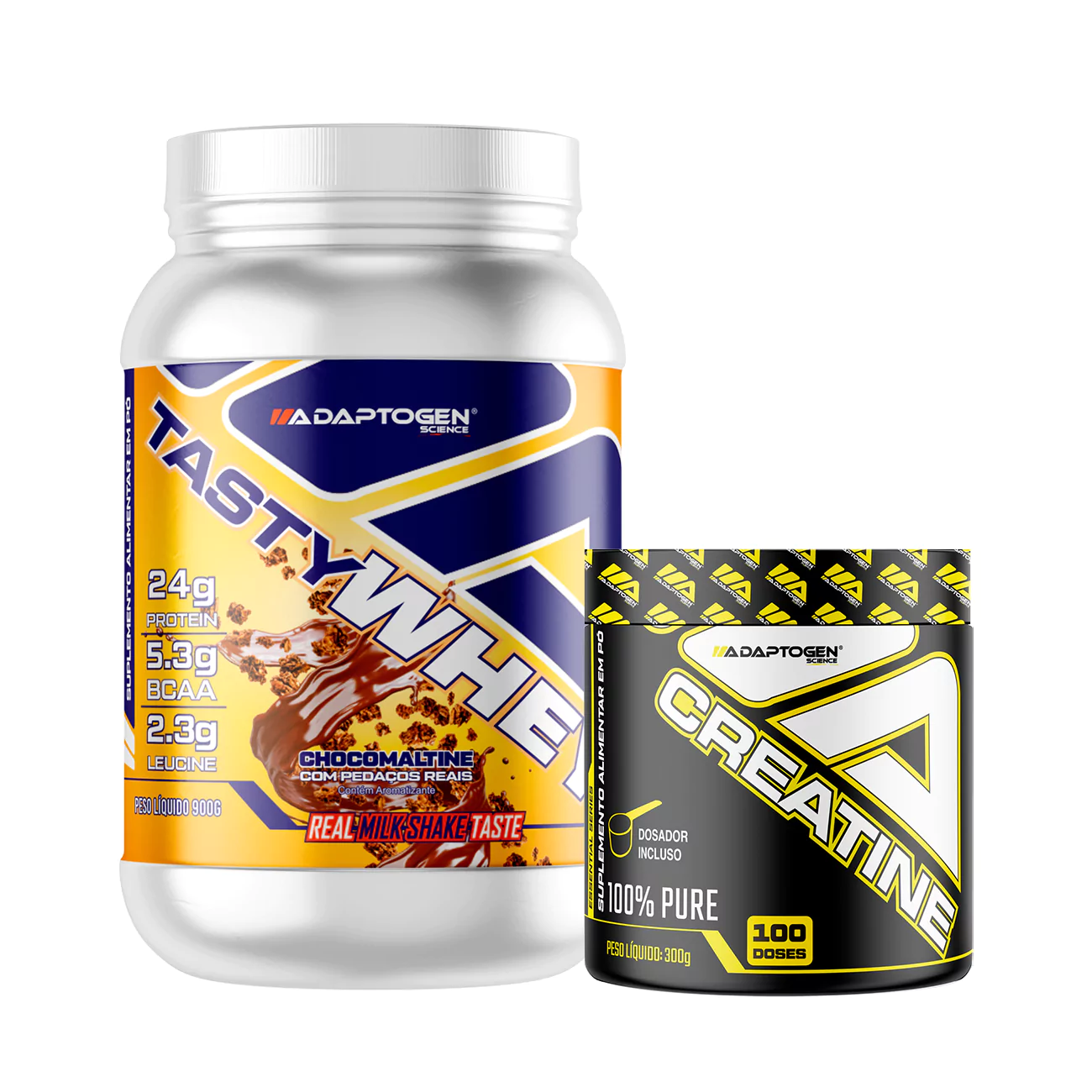 Combo Tasty Whey + Creatina Platinum 300g Adaptogen. Imagem retirada do site da Adaptogen.