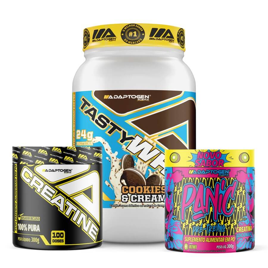 Combo Pai que Treina Pesado Panic Pré-Treino 300g  + Creatina Platinum series 300g + Tasty Whey 3W 900g