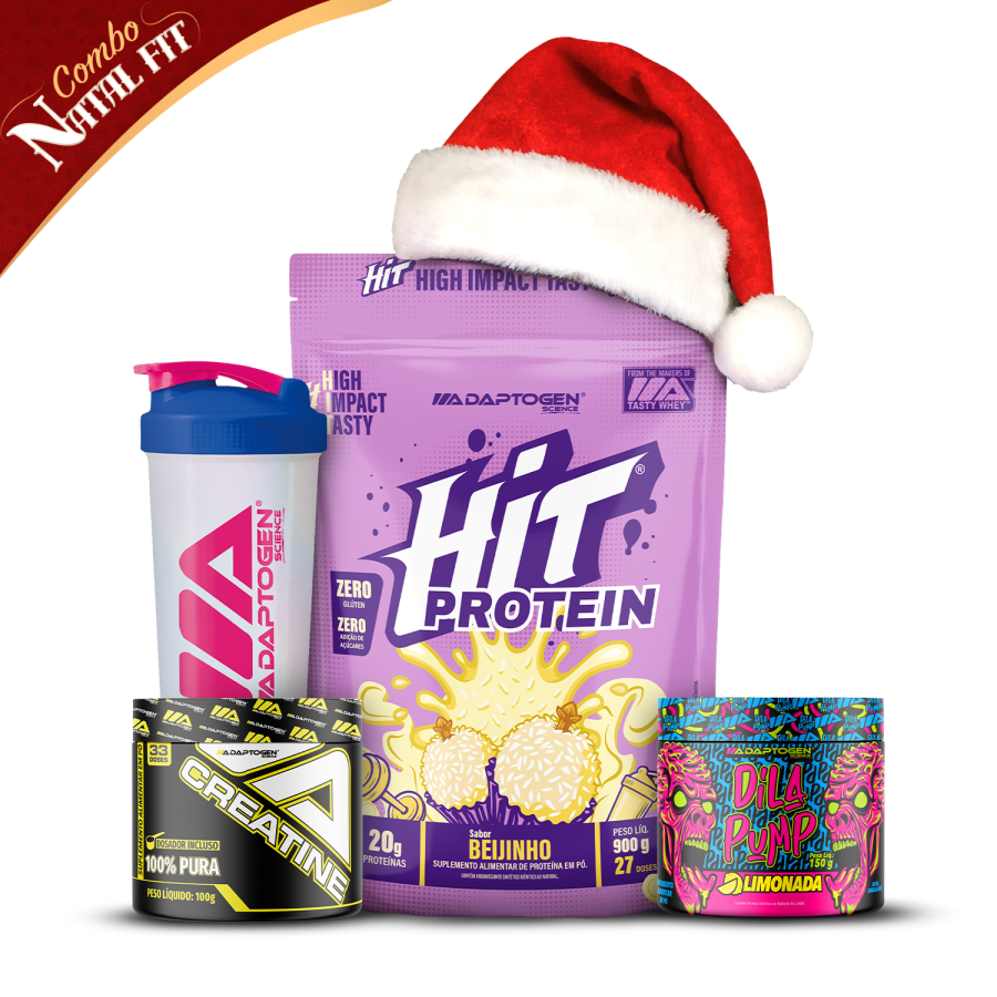 Combo Natal Feliz, 1 Hit Protein 900g, 1 Creatina 100g, 1 Pré Treino Dila Pump 150g sem Cafeína e 1 Coqueteleira 600ml